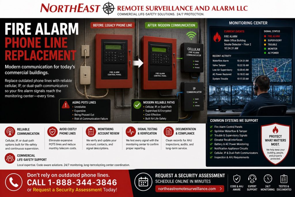 Fire alarm phone line replacement by Northeast Remote Surveillance and Alarm, LLC showing an older fire alarm panel connected to legacy phone lines, upgraded cellular fire alarm communicator, IP monitoring path, monitoring center dashboard, signal testing documentation, and commercial life-safety support.