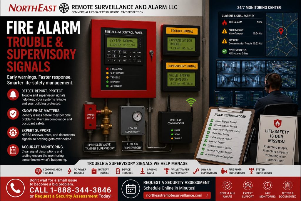 Fire alarm trouble and supervisory signals by Northeast Remote Surveillance and Alarm, LLC showing a commercial fire alarm control panel, trouble signal display, supervisory signal display, sprinkler valve tamper switch, low air supervisory signal, cellular communicator, monitoring dashboard, testing documentation, and commercial life-safety support.