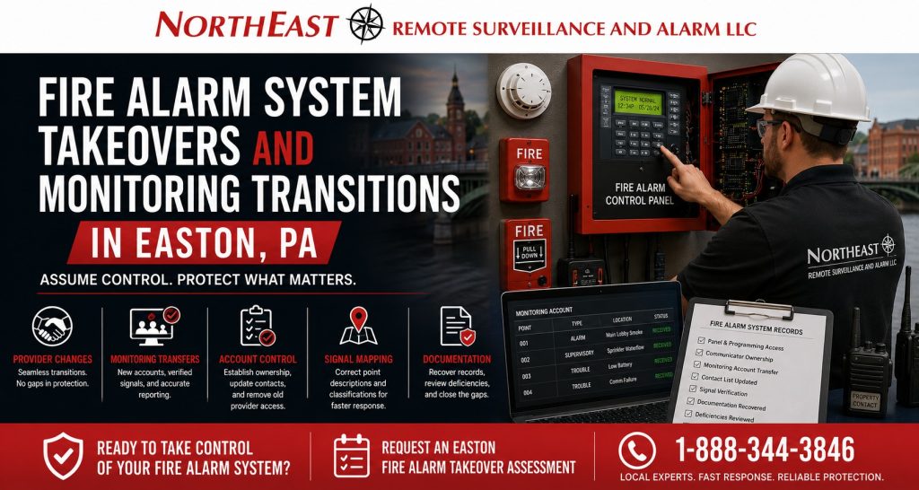 Fire alarm system takeovers and monitoring transitions in Easton, PA showing an existing commercial fire alarm panel, monitoring communicator, account-ownership review, responsible-contact records, signal mapping, and Northeast Remote Surveillance and Alarm branding.