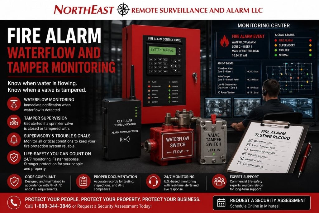 Fire alarm waterflow and tamper monitoring by Northeast Remote Surveillance and Alarm, LLC showing sprinkler waterflow switch, valve tamper switch, fire alarm control panel, cellular communicator, monitoring dashboard, supervisory signals, testing documentation, and commercial life-safety support.