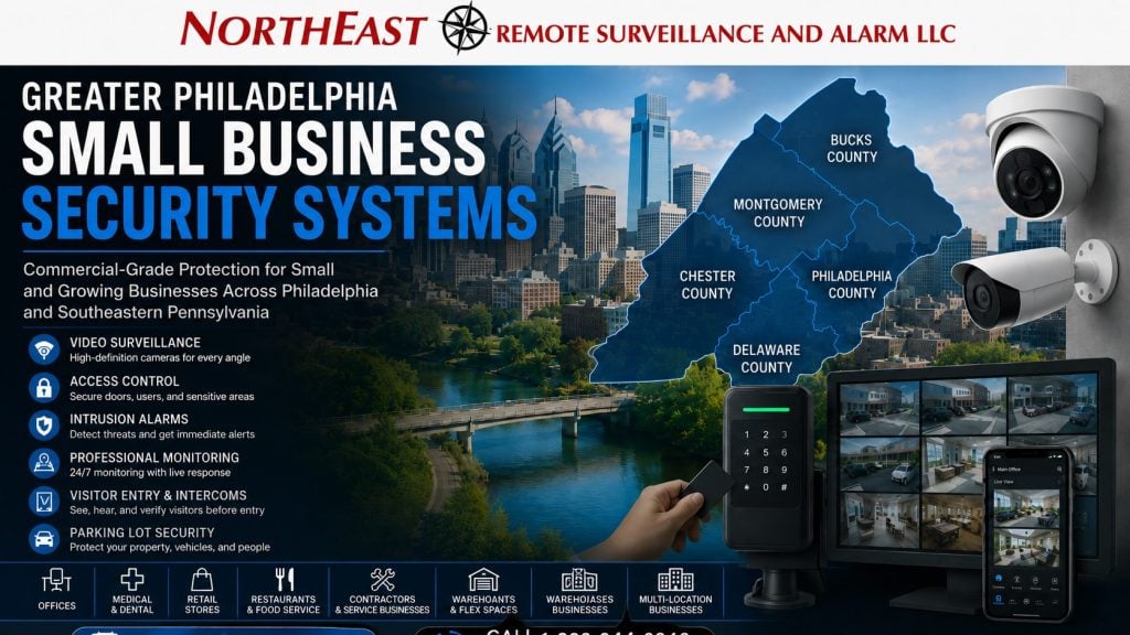 Greater Philadelphia small business security systems featuring a regional map of Philadelphia, Montgomery County, Bucks County, Chester County, and Delaware County with professional offices, retailers, restaurants, healthcare practices, contractor businesses, small warehouses, video surveillance, access control, intrusion alarms, visitor entry, parking-lot security, and professional monitoring by Northeast Remote Surveillance and Alarm, LLC.
