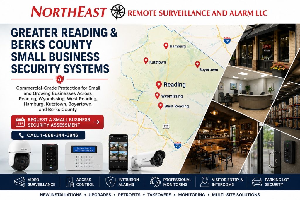 Greater Reading and Berks County Small Business Security Systems NERSA Greater Reading and Berks County small business security systems featuring a regional map of Reading, Wyomissing, West Reading, Hamburg, Kutztown, and Boyertown, with retail, office, restaurant, warehouse, video surveillance, access control, intrusion alarm, professional monitoring, visitor entry, intercom, and parking-lot security solutions by Northeast Remote Surveillance and Alarm, LLC.
