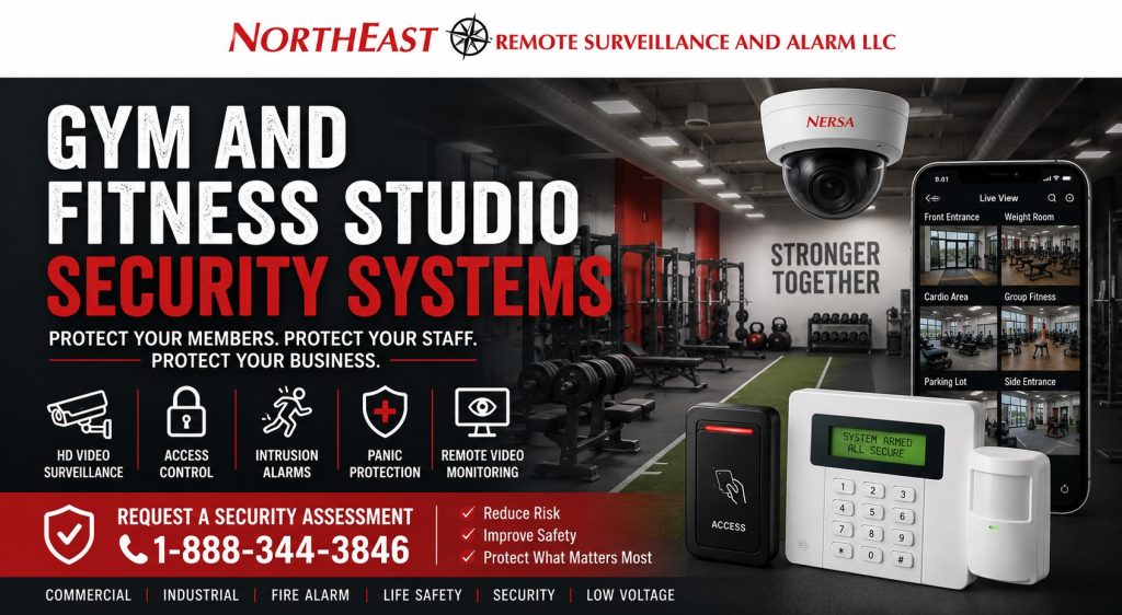Gym and fitness studio security systems by Northeast Remote Surveillance and Alarm, LLC showing a modern fitness facility, security cameras, access control reader, alarm keypad, motion detection, remote video monitoring, and request a security assessment CTA.