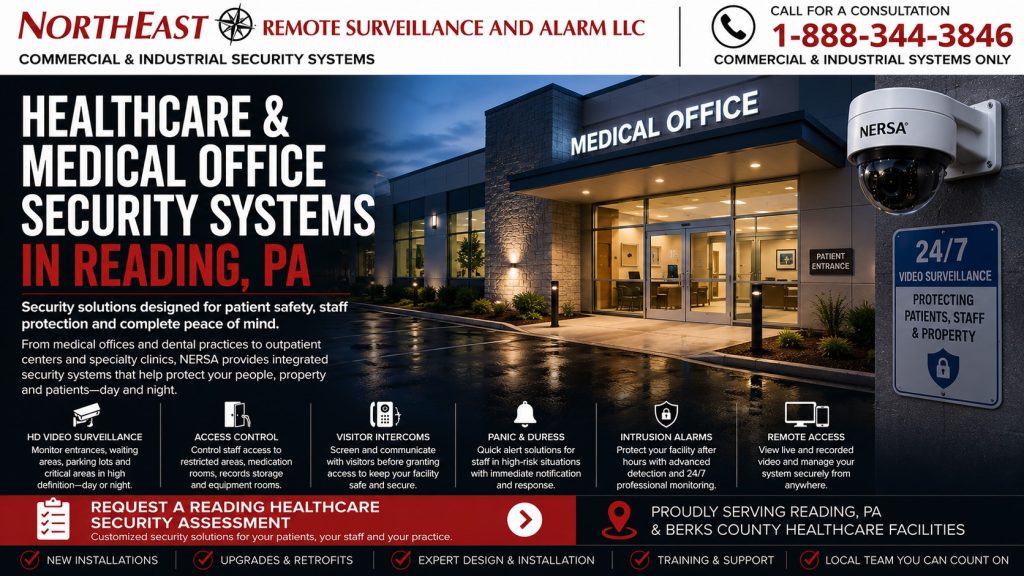 Healthcare and Medical Office Security Systems in Reading PA NERSA NERSA school and educational facility security systems in Reading, PA, featuring video surveillance, access control, visitor entry, intrusion detection, and remote monitoring at a secure school entrance.
