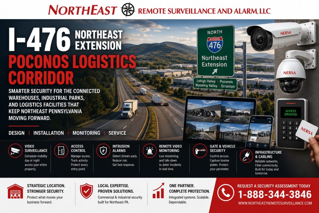 I-476 Northeast Extension Poconos Logistics Corridor NERSA I-476 Northeast Extension and Poconos logistics corridor security systems for warehouses, industrial parks, loading docks, truck yards, gates, cameras, alarms, and access control.