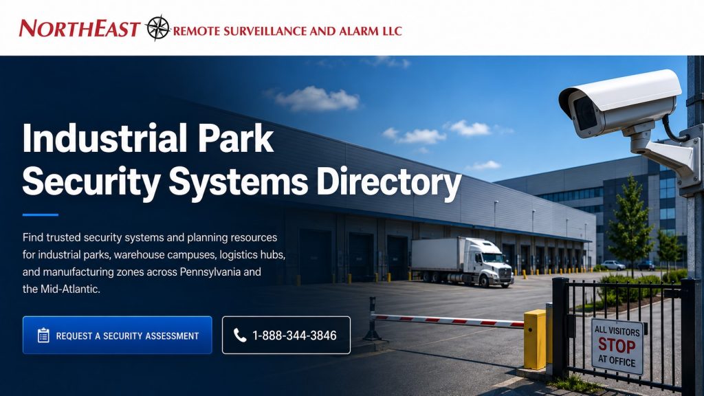 Industrial Park Security Systems Directory NERSA Industrial park security systems directory by Northeast Remote Surveillance and Alarm, LLC covering warehouses, manufacturing facilities, logistics parks, access control, video surveillance, alarms and monitoring.