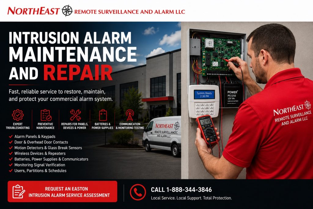 Intrusion Alarm Maintenance and Repar Allentown PA NERSA Intrusion alarm maintenance and repair in Easton, PA showing a commercial alarm technician troubleshooting a control panel, keypad, door contact, motion detector, communicator, and backup battery with Northeast Remote Surveillance and Alarm branding.