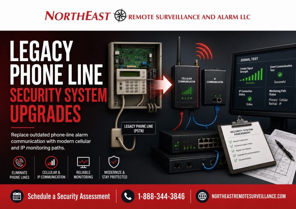 Legacy phone line security system upgrades by Northeast Remote Surveillance and Alarm, LLC showing an older commercial alarm panel connected to phone lines, upgraded cellular and IP communicators, monitoring signal testing, documentation, network equipment, and commercial-grade security support.