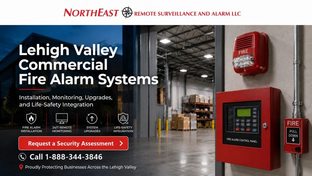 Lehigh Valley Commercial Alarm Systems NERSA Lehigh Valley commercial fire alarm systems with control panel, horn strobe, pull station, monitoring, upgrades, and life-safety integration by Northeast Remote Surveillance and Alarm, LLC.