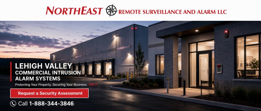 Lehigh Valley Commercial Intrusion Alarm Systems NERSA Lehigh Valley commercial intrusion alarm systems protecting a warehouse and office facility with loading docks, secure entry, and after-hours monitoring.