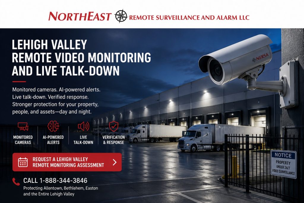 Lehigh Valley Remote Video Monitoring and Live Talk Down NERSA Remote video monitoring protecting a Lehigh Valley warehouse, loading dock, parking area, and gated commercial property.