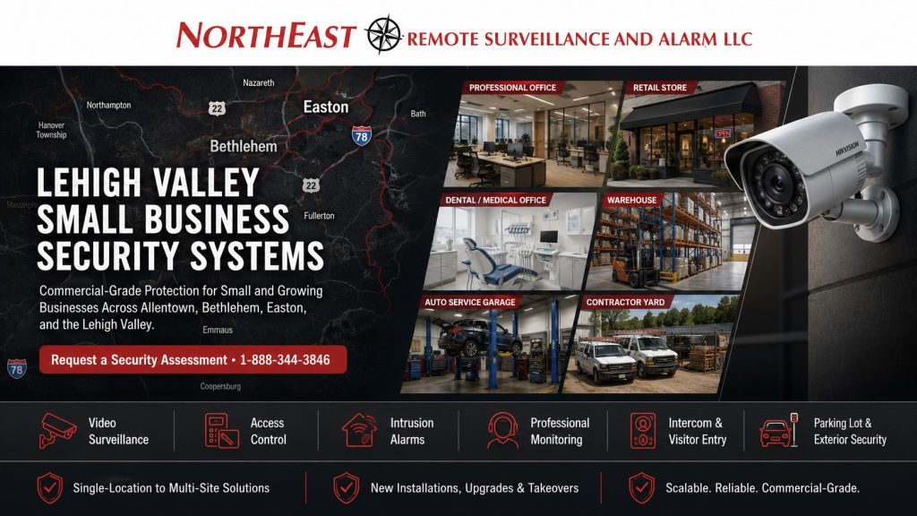 Lehigh Valley Small Business Security Solutions NERSA Lehigh Valley small business security systems featuring commercial video surveillance, access control, intrusion alarms, professional monitoring, visitor intercoms, parking-lot cameras, panic devices, and scalable protection for businesses across Allentown, Bethlehem, and Easton by Northeast Remote Surveillance and Alarm, LLC.