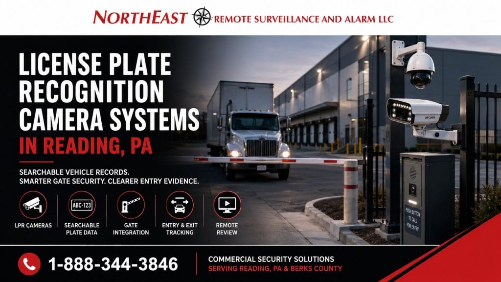 NERSA license plate recognition camera systems in Reading, PA, showing a commercial truck entrance with LPR cameras, gate integration, searchable plate data, entry and exit tracking, and remote review.