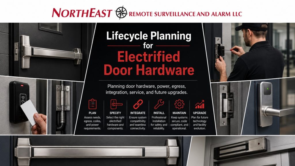 Lifecycle planning for electrified door hardware by Northeast Remote Surveillance and Alarm, LLC showing access control readers, exit push bars, electrified strikes, door hardware, technician installation, and commercial access control planning.