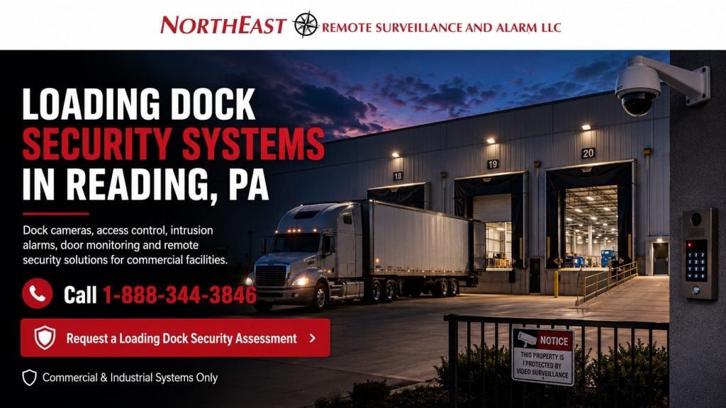 Loading Dock Security Systems in Reading PA NERSA Loading dock security systems in Reading, PA featuring commercial surveillance cameras, access control, truck dock monitoring, intrusion protection, and a secured warehouse loading area