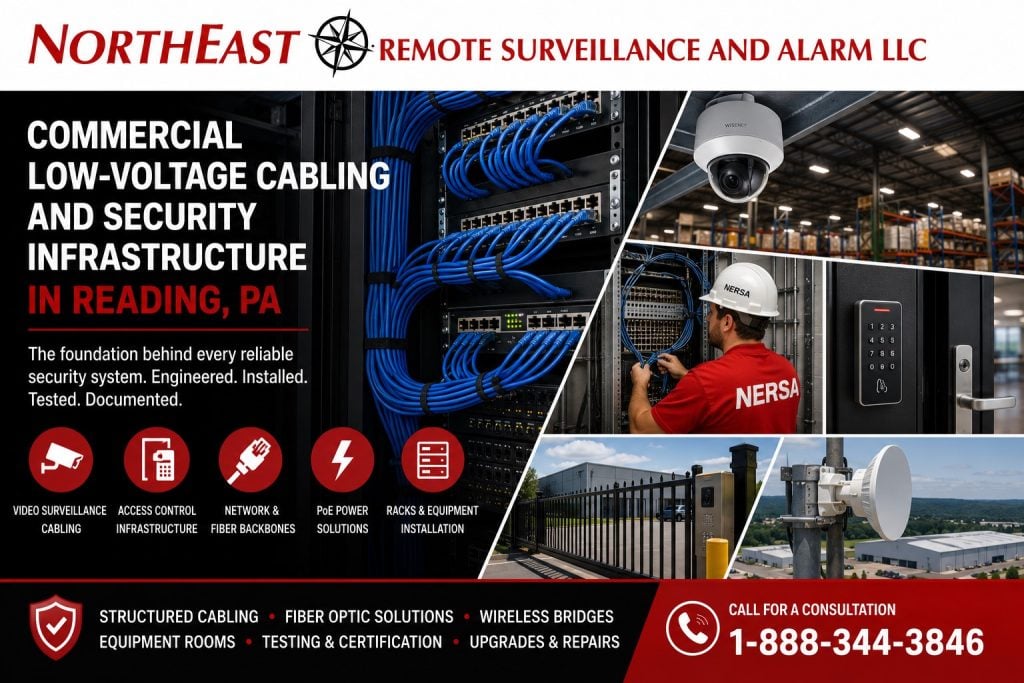 Low Voltage Cabling and Security Infrastructure Reading PA NERSA Commercial low-voltage cabling and security infrastructure in Reading, PA, including camera wiring, access control, fiber backbones, PoE equipment, racks, and wireless bridges.