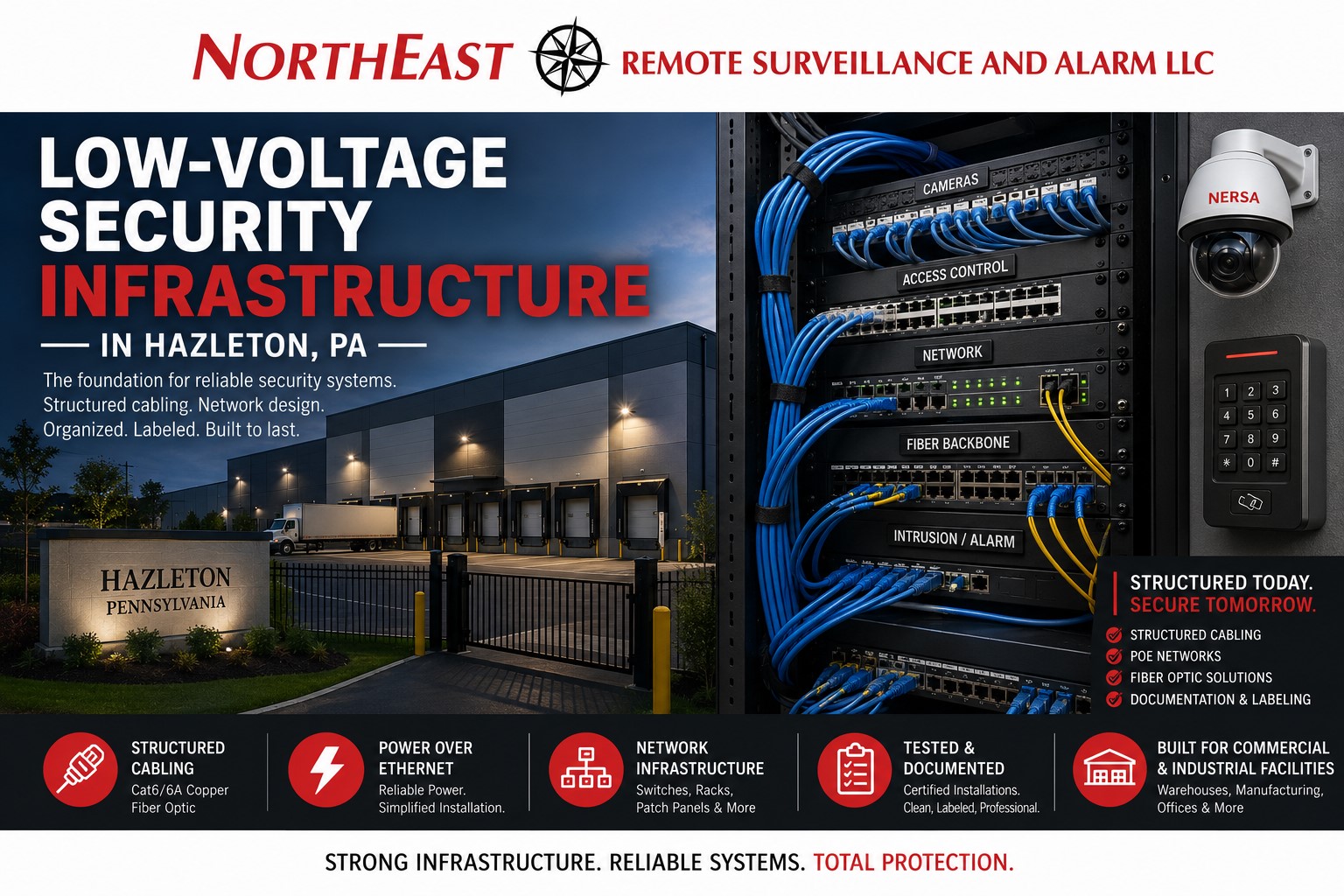 Hazleton low-voltage security infrastructure with network racks, fiber backbone, PoE switching, and system connectivity.
