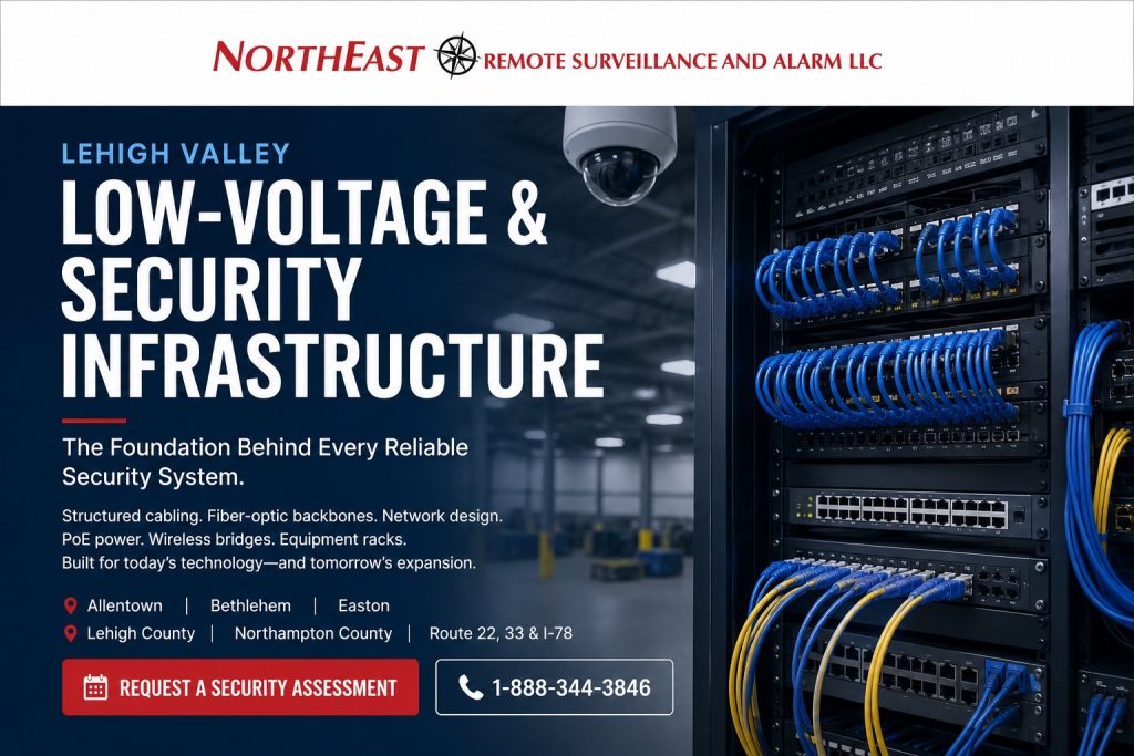 Lehigh Valley low-voltage and security infrastructure with structured cabling, fiber-optic backbones, PoE network switches, equipment racks, wireless bridges, and commercial security camera connectivity by Northeast Remote Surveillance and Alarm, LLC.