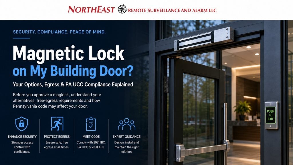 Northeast Remote Surveillance and Alarm banner about magnetic-lock options and PA UCC compliance, showing a commercial glass door with a maglock, panic bar, and push-to-exit button.