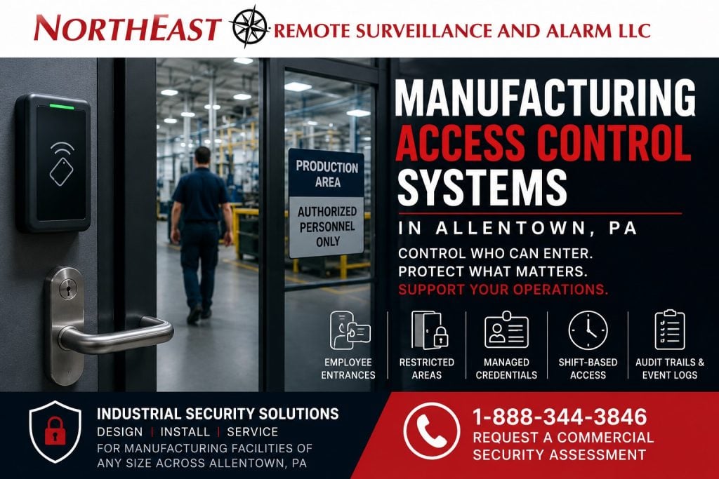Manufacturing access control systems in Allentown, PA showing an industrial employee entrance, card reader, controlled production-area door, mobile credential, access permissions, and NERSA commercial security planning.
