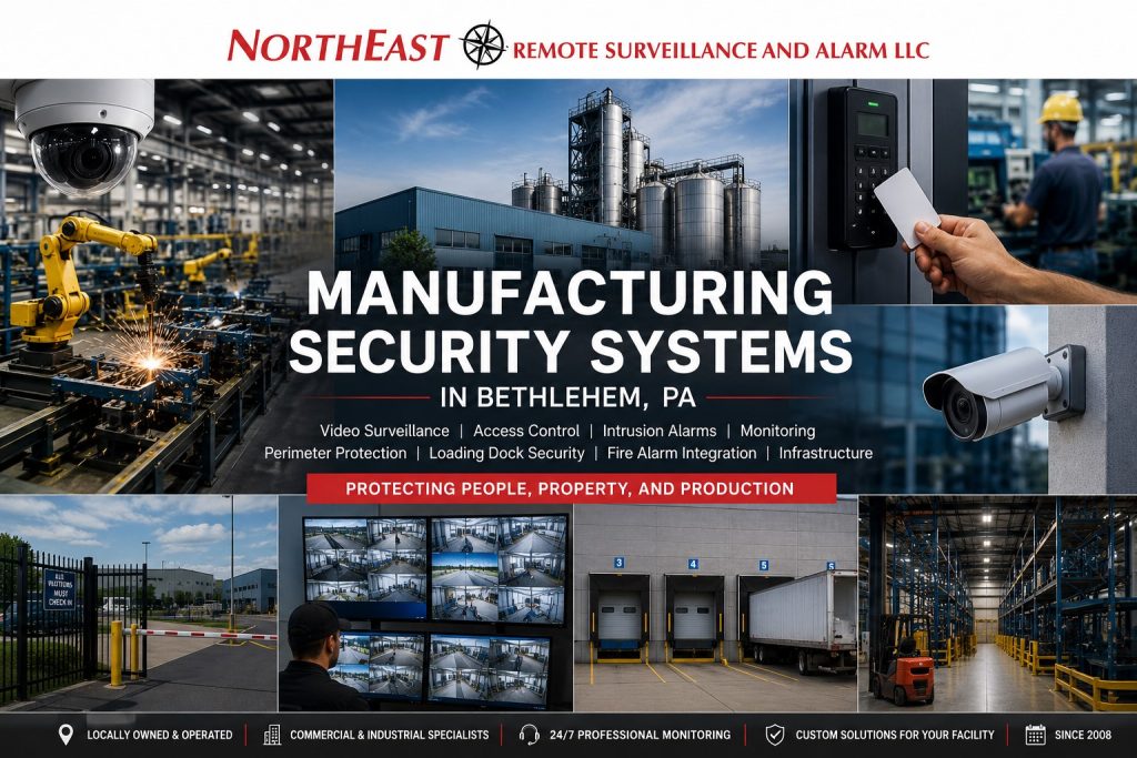 Manufacturing Security Cameras Bethlehem NERSA Manufacturing security systems in Bethlehem, PA featuring industrial facility collage with SteelStacks skyline, production floor machinery, security cameras, access control reader, loading docks, warehouse operations, and perimeter gate security under Northeast Remote Surveillance and Alarm branding