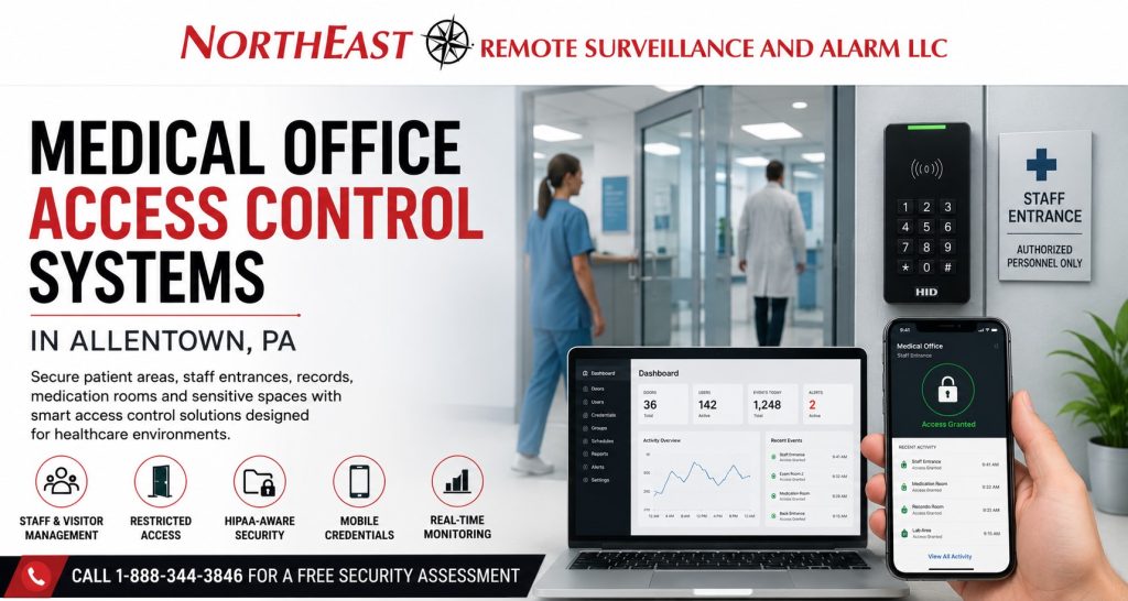 Medical Office Access Control Allentown PA NERSA Medical office access control system in Allentown, PA showing a secure staff entrance, commercial card reader, mobile credential and healthcare access-management dashboard.