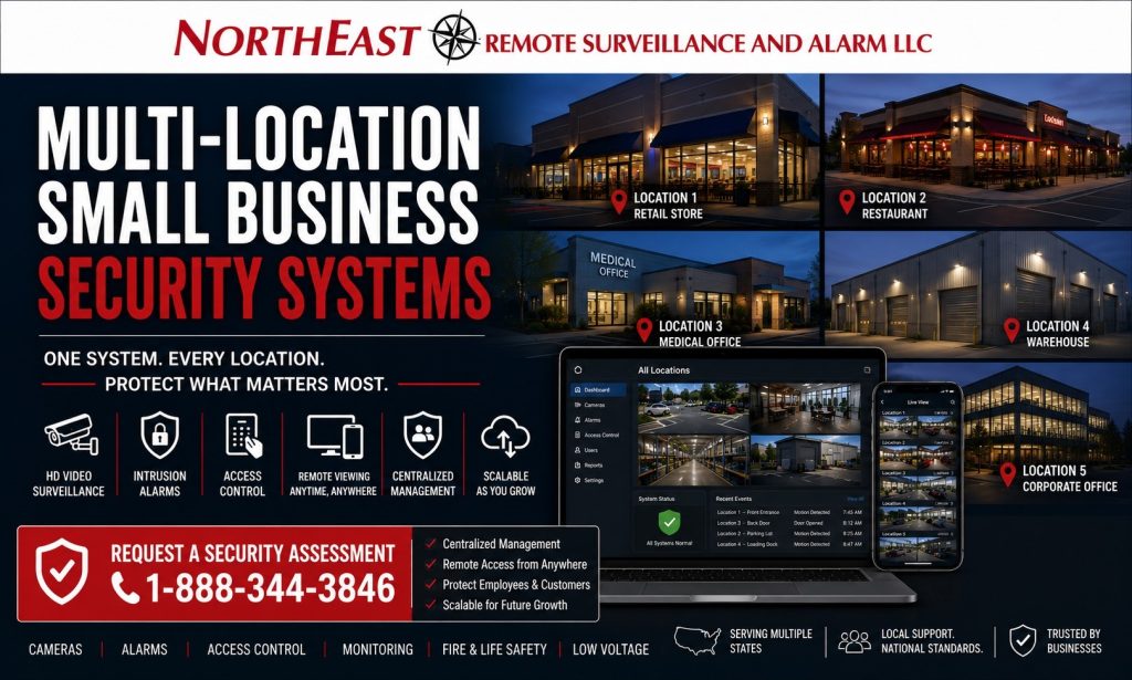 Multi-location small business security systems by Northeast Remote Surveillance and Alarm, LLC showing multiple business locations, centralized camera and alarm management dashboard, remote viewing, access control, scalable protection, and request a security assessment CTA.