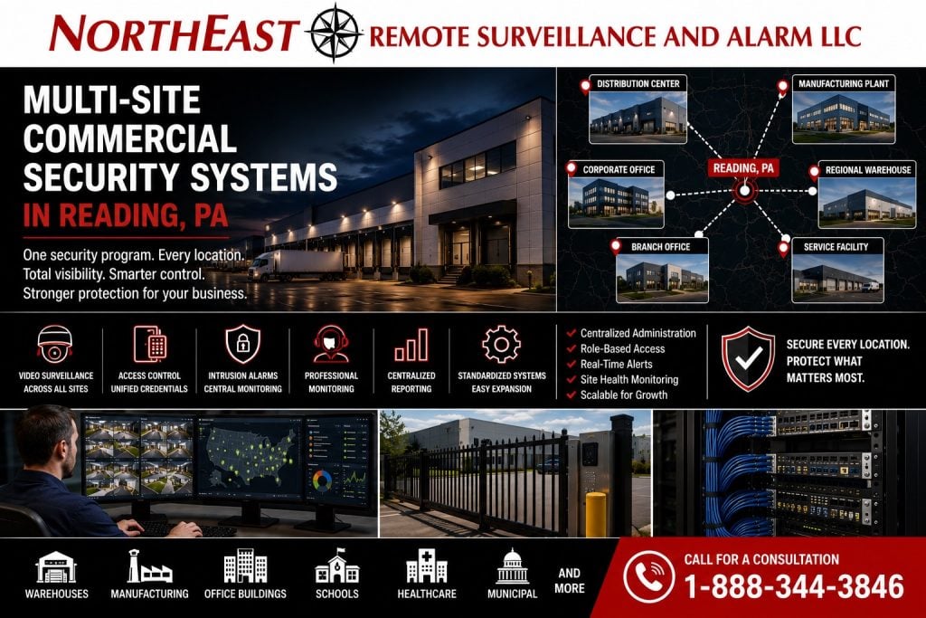 Multi-Site Commercila Security System Reading PA Multi-site commercial security systems in Reading, PA, connecting warehouses, offices, manufacturing facilities, video surveillance, access control, alarms, monitoring, and centralized management.