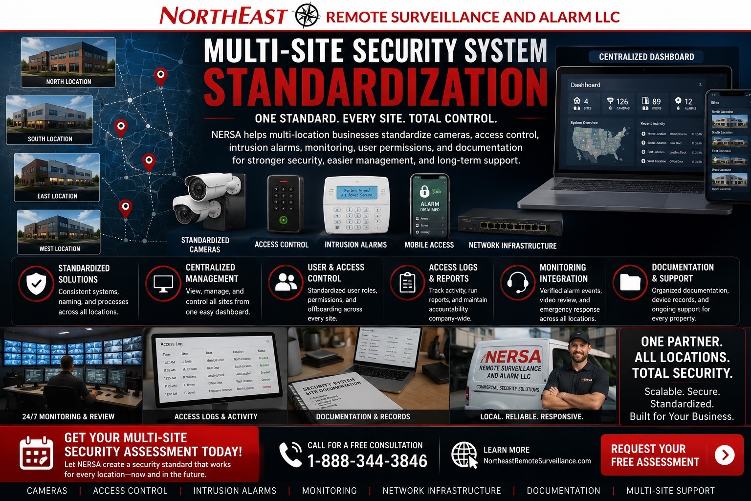 Multi-site security system standardization by Northeast Remote Surveillance and Alarm, LLC showing multiple commercial buildings, standardized cameras, access control readers, intrusion alarm systems, centralized dashboards, user permissions, access logs, monitoring review, documentation, and commercial-grade multi-location security support.