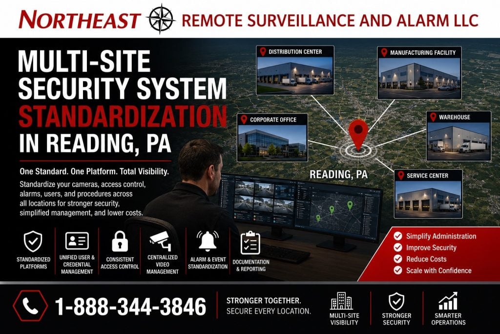 Multi-Site Security System Standardization Reading PA NERSA NERSA multi-site security system standardization in Reading, PA, featuring centralized video, access control, alarms, credential management, and reporting across warehouses, offices, manufacturing, distribution, and service facilities.