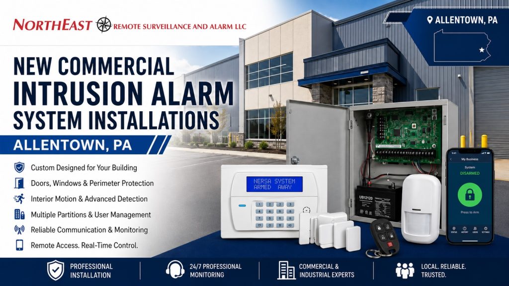 New commercial intrusion alarm system installation in Allentown, PA showing a warehouse, alarm control panel, keypad, door contacts, motion detection, mobile alarm control, and Northeast Remote Surveillance and Alarm, LLC branding.