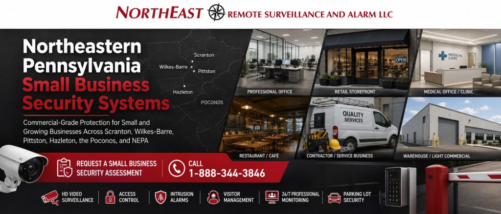Northeastern Pennsylvania small business security systems featuring a NEPA regional map, professional offices, retail stores, medical practices, restaurants, contractor properties, auto repair facilities, small warehouses, video surveillance, access control, intrusion alarms, professional monitoring, visitor entry, and parking-lot security by Northeast Remote Surveillance and Alarm, LLC.