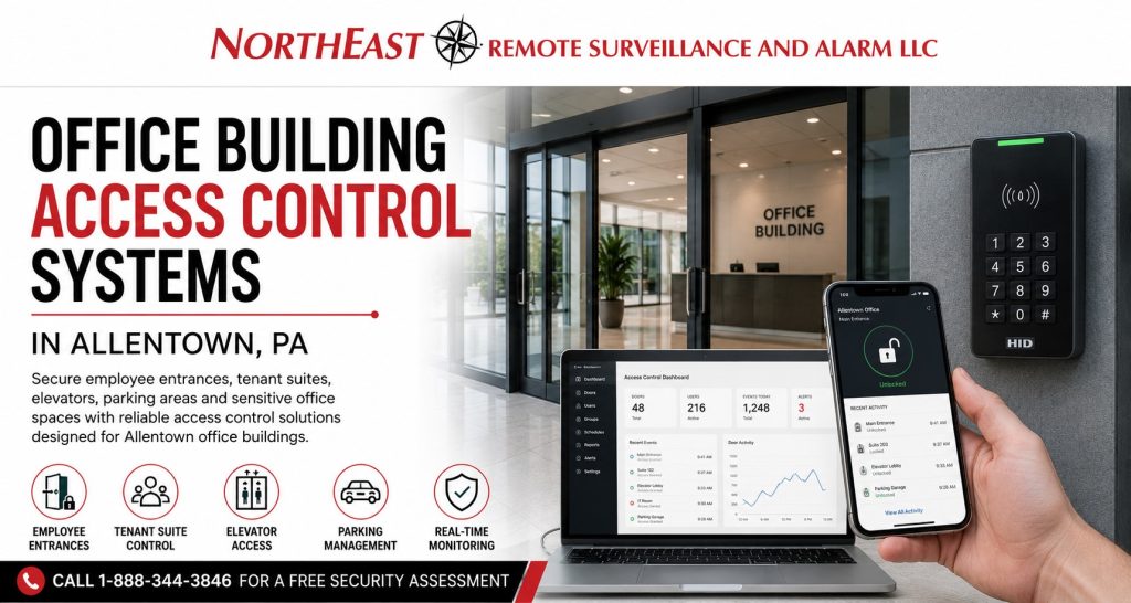 Office Building Access Control Systems in Allentown PA NERSA Office building access control system in Allentown, PA with commercial card reader, mobile credential, controlled glass entrance and centralized management software.