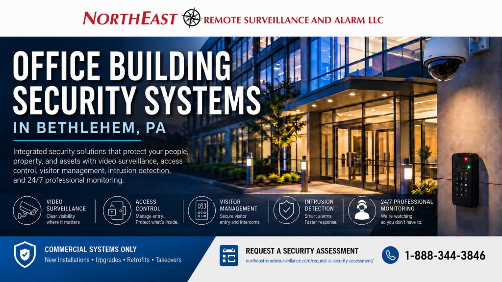 Office Building Security Systems Bethlehem PA NERSA Office building security systems in Bethlehem, PA with lobby video surveillance, employee access control, visitor intercoms, intrusion alarms, parking-area cameras, and commercial security monitoring by Northeast Remote Surveillance and Alarm, LLC.