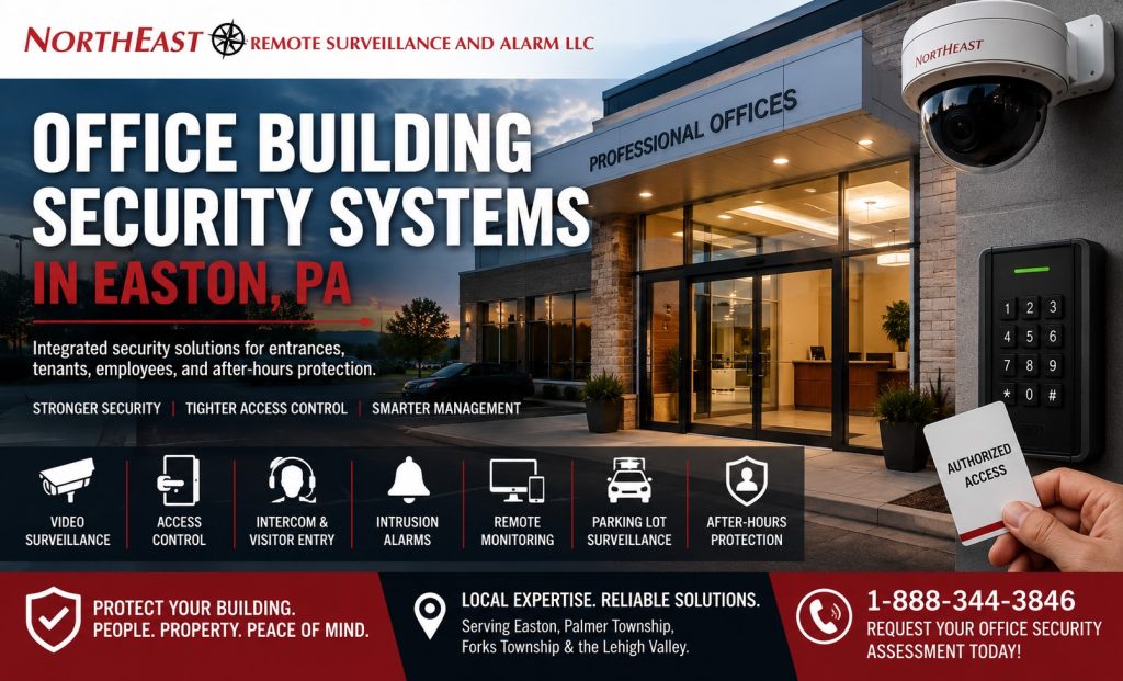 Easton office-building security system with entrance surveillance, visitor intercom, employee access control, parking-lot cameras, and after-hours monitoring.