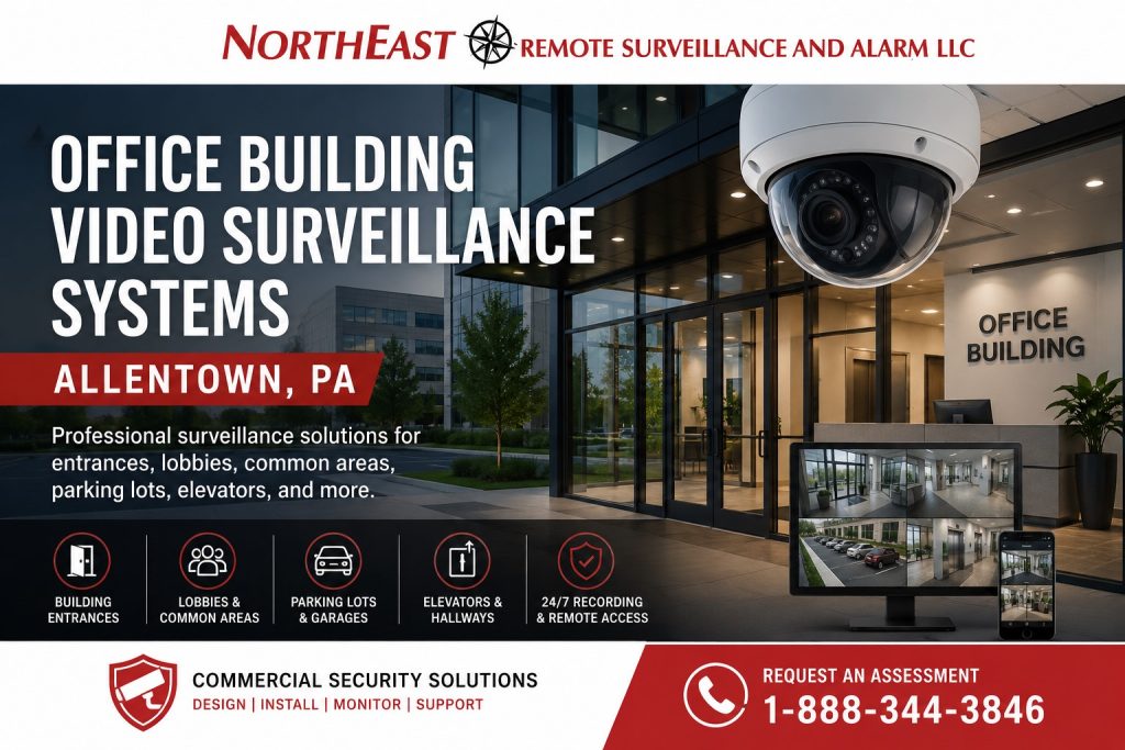 Office Building Video Surveillance Systems Allentown PA Office building video surveillance systems in Allentown, PA with security cameras covering entrances, lobbies, hallways, elevators, parking areas, recording, and remote access by Northeast Remote Surveillance and Alarm LLC.