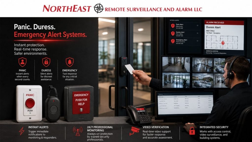 Panic, duress, and emergency alert systems by Northeast Remote Surveillance and Alarm, LLC showing commercial panic buttons, wireless duress pendants, emergency alert stations, alarm monitoring dashboard, access control integration, video verification, and commercial-grade emergency response support.