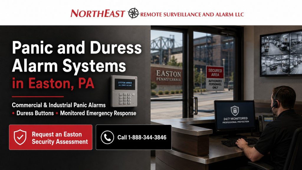 Panic and Duress Alarm Systems in Easton PA NERSA Panic and duress alarm systems in Easton, PA showing a commercial reception desk, concealed panic button, wireless employee device, alarm keypad, monitored response, security camera coverage, and Northeast Remote Surveillance and Alarm branding.