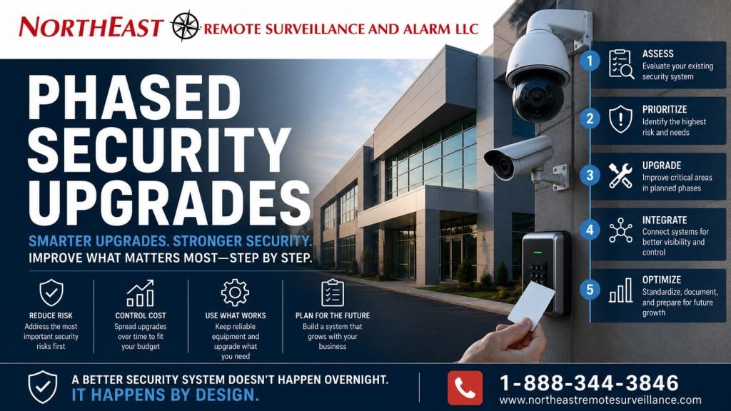 Phased Security Upgrades NERSA Phased security upgrades hero showing NERSA commercial security modernization with cameras, access control, alarm systems, and a planned upgrade process for businesses using existing security infrastructure.