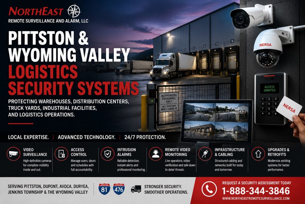  Pittston and Wyoming Valley logistics security systems for warehouses, distribution centers, loading docks, truck yards, gates, cameras, access control, intrusion alarms, and remote monitoring.