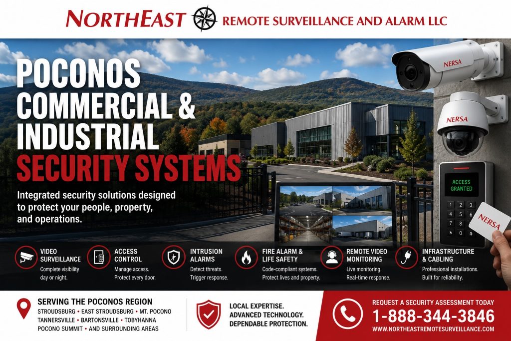 Poconos Commercial and Industrial Security Systems NERSA Poconos commercial and industrial security systems showing surveillance cameras, access control, intrusion alarms, fire alarm systems, remote monitoring, and low-voltage infrastructure at commercial properties.