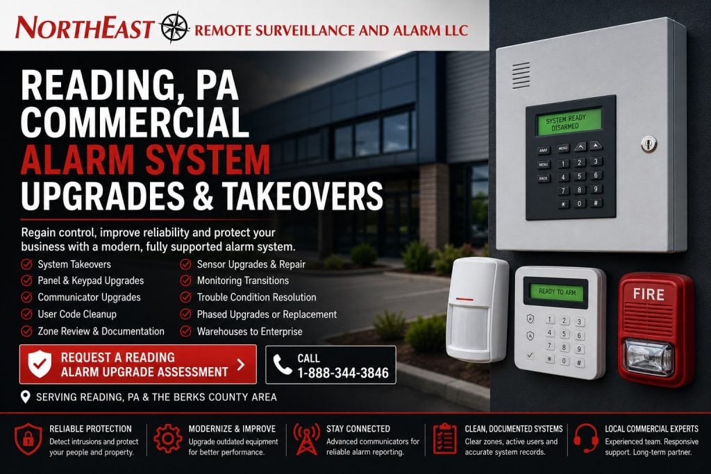 Commercial intrusion alarm panel, keypad and communicator upgrade at an existing business in Reading Pennsylvania