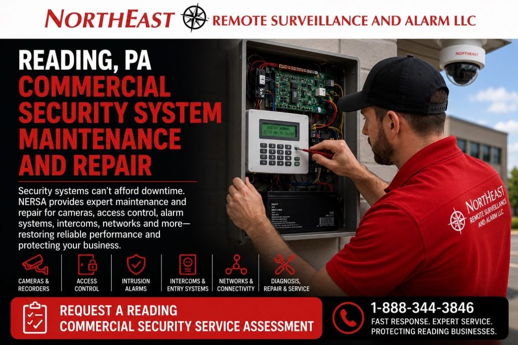 Reading PA Commercial Security Systems Maintenace and Repair NERSA Technician diagnosing and repairing an existing commercial security system at a business in Reading Pennsylvan