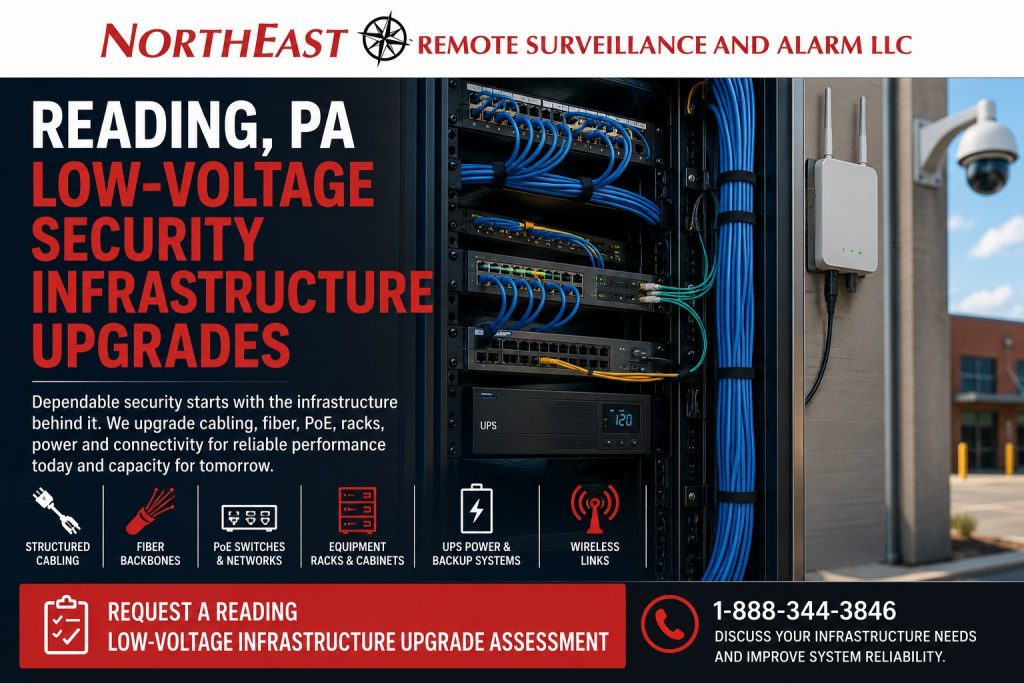 Reading PA Low Voltge Security Infrastructure Upgrades NERSA Commercial security cabling, fiber, PoE switches and equipment-rack upgrade at an existing facility in Reading Pennsylvania