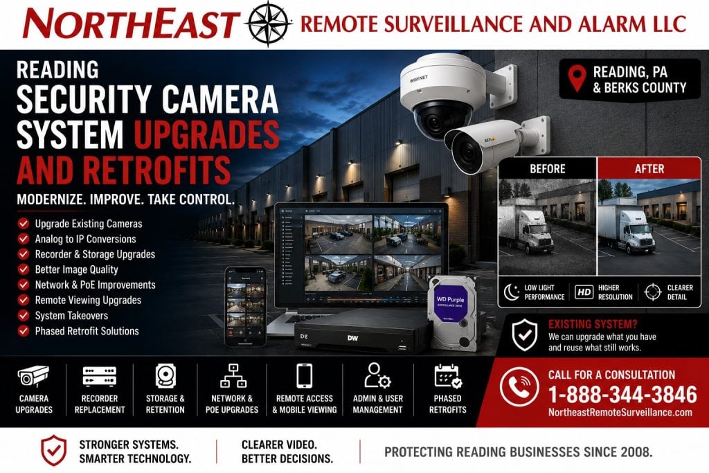Reading security camera system upgrades and retrofits showing modern IP cameras, recorder and storage replacement, remote viewing, and improved video quality.
