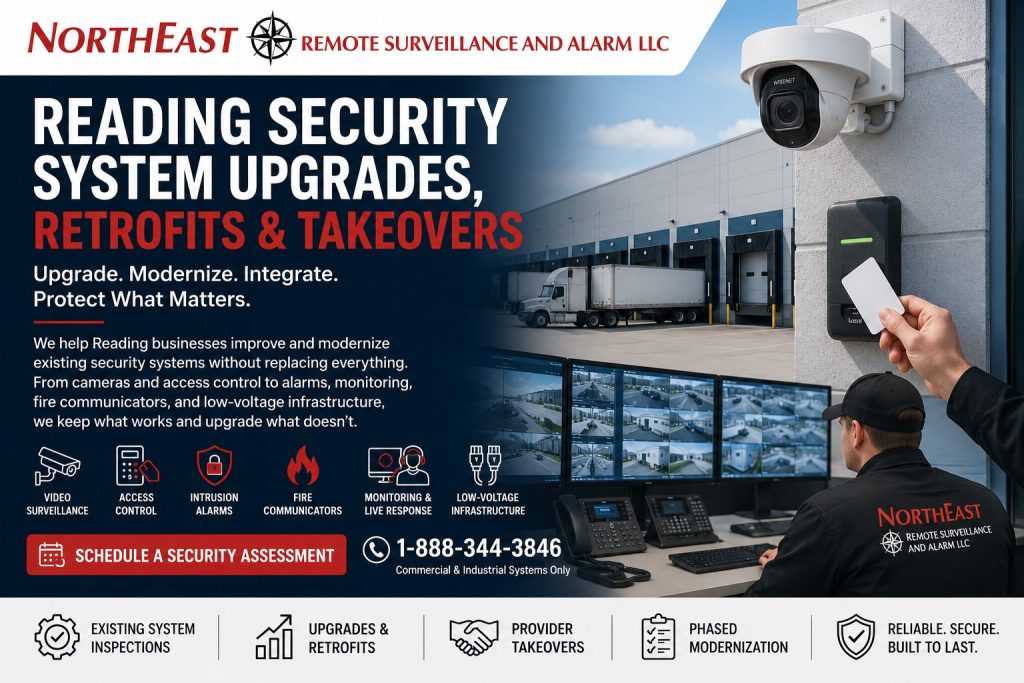 Reading PA Security Systems, Uogrades, Retrofits and Takeovers NERSA Reading commercial security system upgrades, retrofits, and takeovers showing cameras, access control, monitoring screens, and a warehouse technician.”