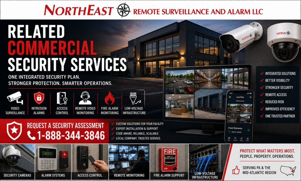 Related commercial security services by Northeast Remote Surveillance and Alarm, LLC showing an integrated commercial security plan with surveillance cameras, alarm systems, access control, remote video monitoring, fire alarm support, low-voltage infrastructure, remote viewing dashboards, and request a security assessment CTA.