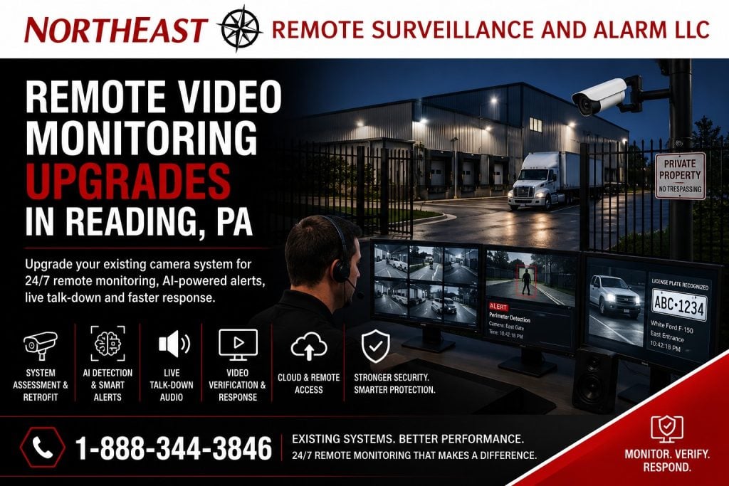 NERSA remote video monitoring upgrades in Reading, PA, showing AI detection, live talk-down, video verification, cloud access, and monitored warehouse security cameras.