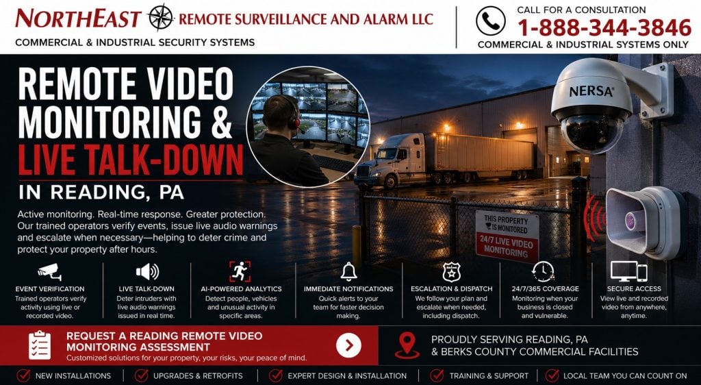 Remote Video Monitoring and Live Talk Down in Reading PA NERSA Remote video monitoring and live talk-down in Reading, PA, showing a monitored commercial truck yard with security cameras, operator verification, and outdoor audio deterrence.