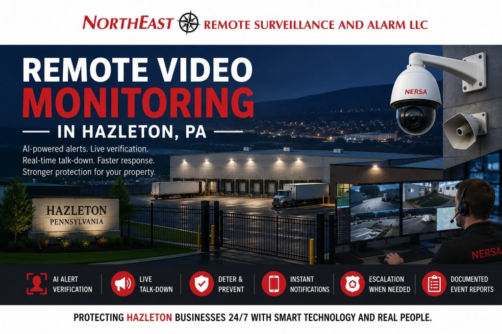 Remote video Monitoring Hazleton PA NERSA Remote video monitoring in Hazleton, PA showing a monitored industrial property, AI camera alerts, security operator screens, live talk-down speaker, warehouse yard, and Northeast Remote Surveillance and Alarm, LLC branding.